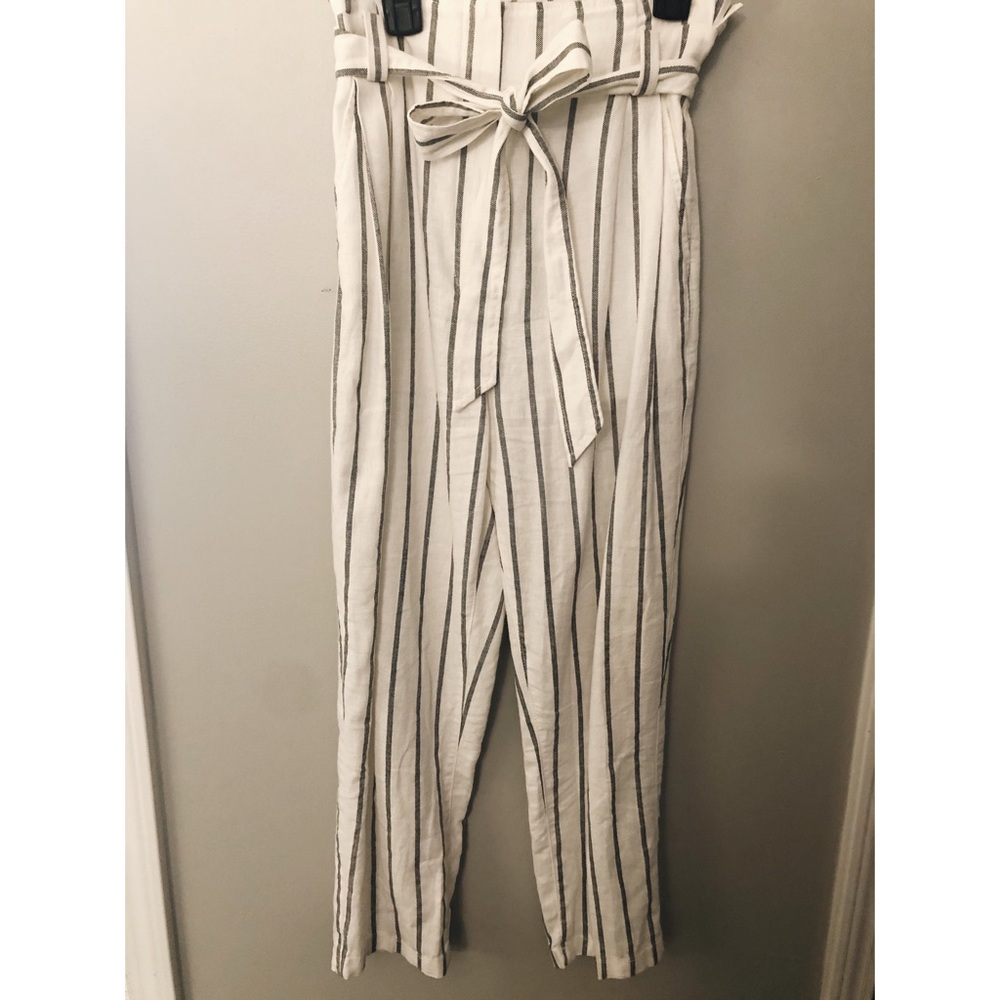 Linen White and Black Paperbag Waist Tie Pants